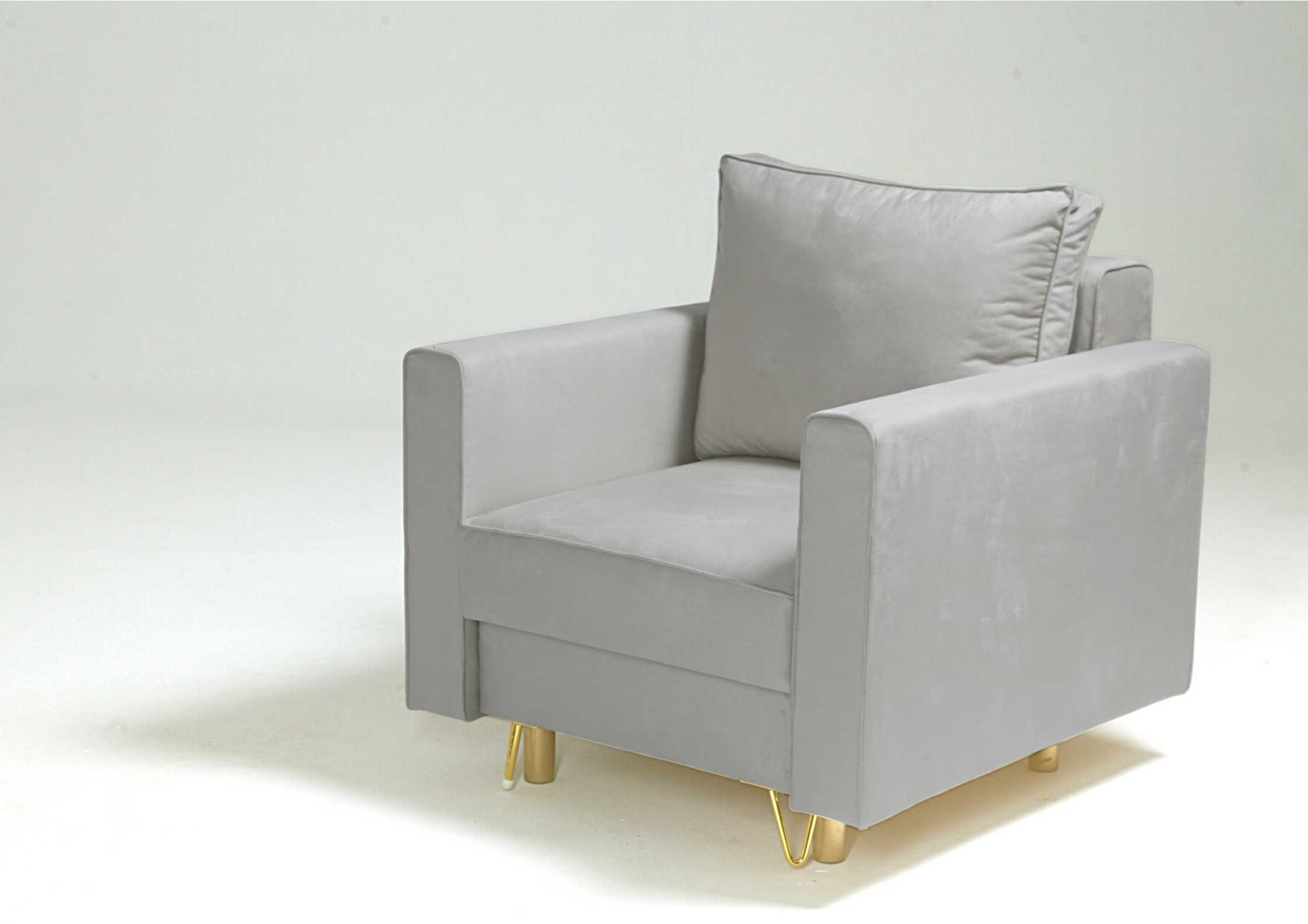 Jasny szary fotel na złotych nogach DES